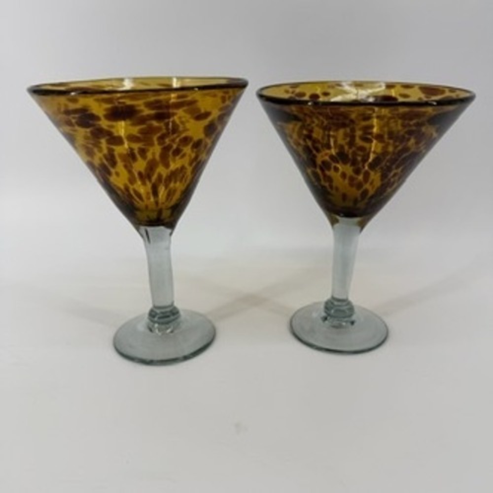 Amber Tortoise Shell Hand Blown Martini Glasses Set of 2 Leopard Print 7 inch